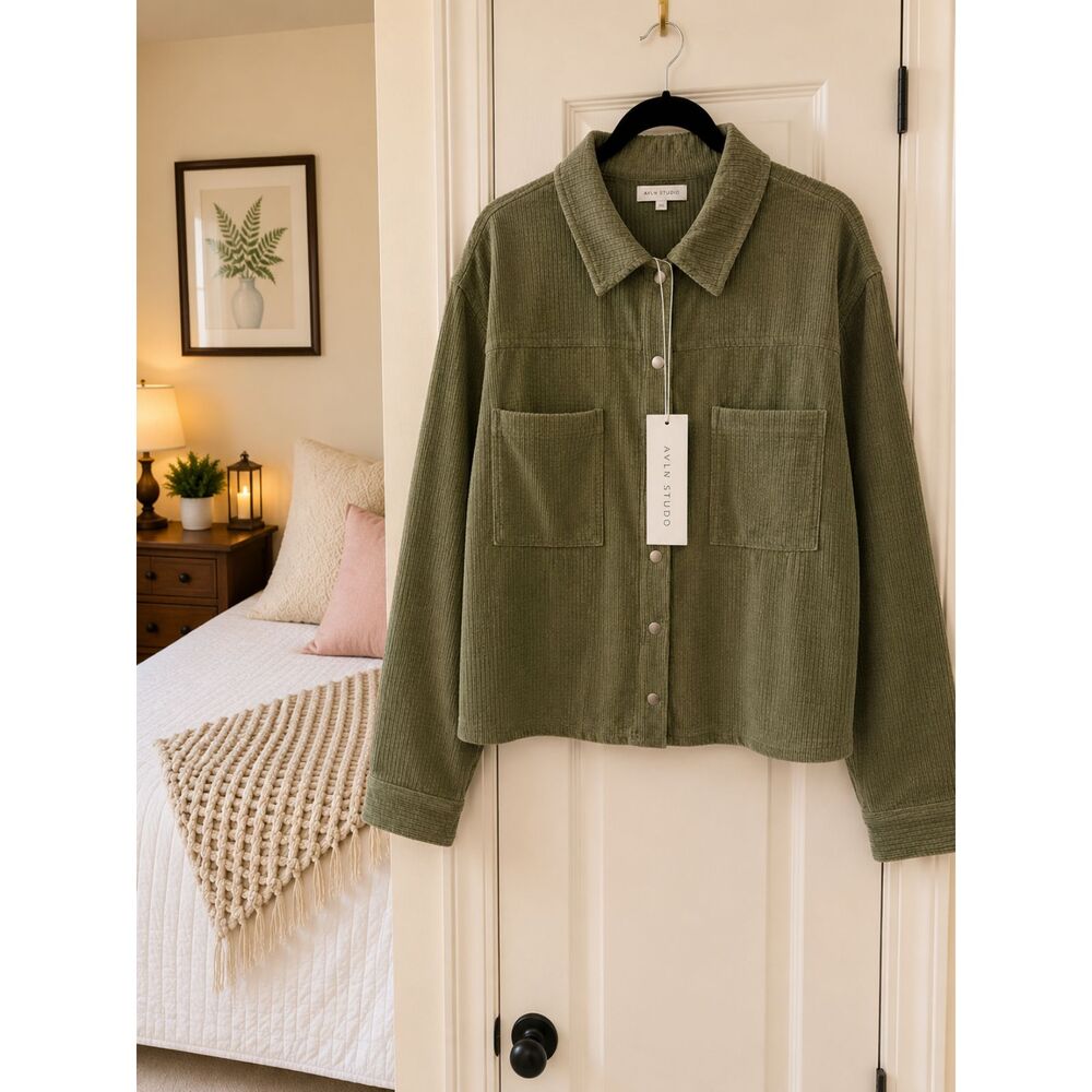 AVLN Studio Eva Corduroy Cropped Shacket Olive Green XXL NWT